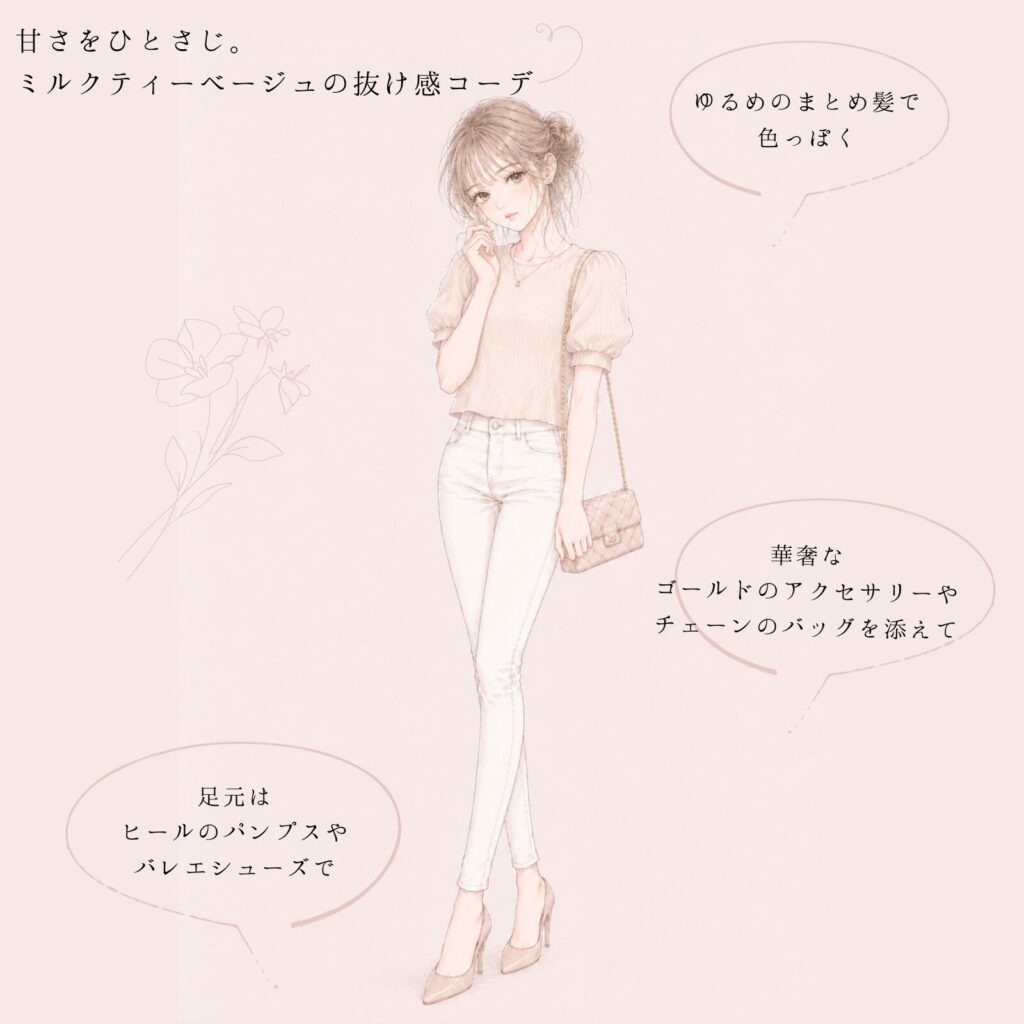 ニットトップスとスキニーパンツの女性のイラスト