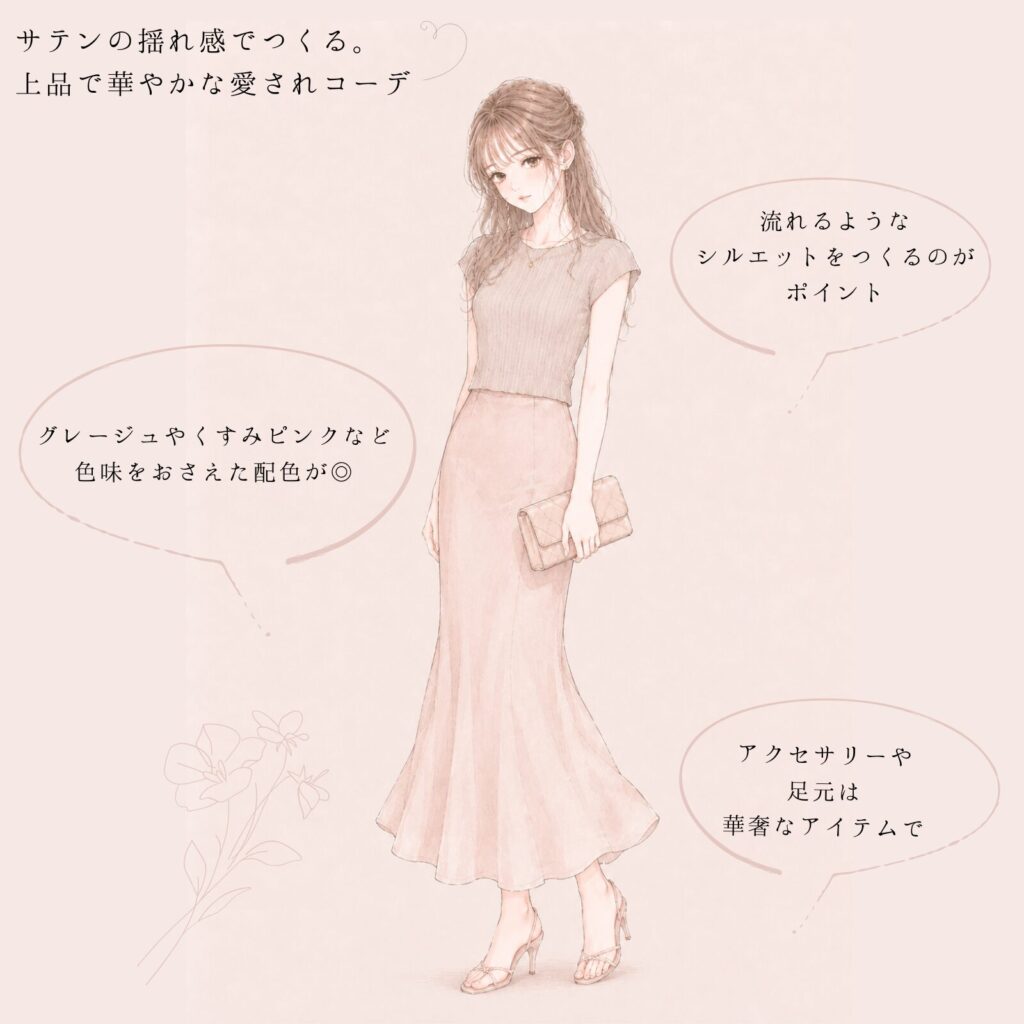 リブニットトップスとサテンスカートを着用した女性のイラスト