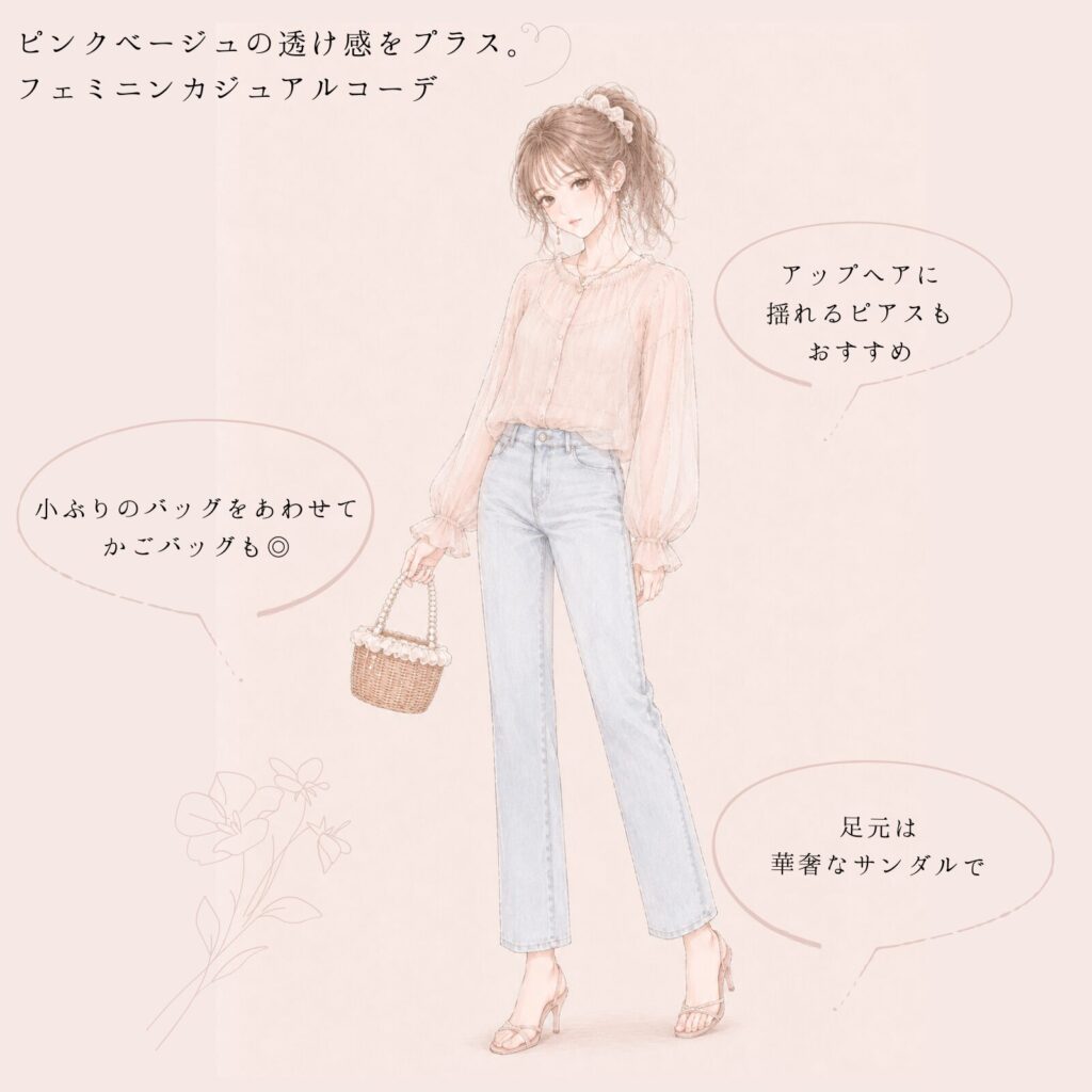 シアーブラウスにデニムを着用した女性のイラスト