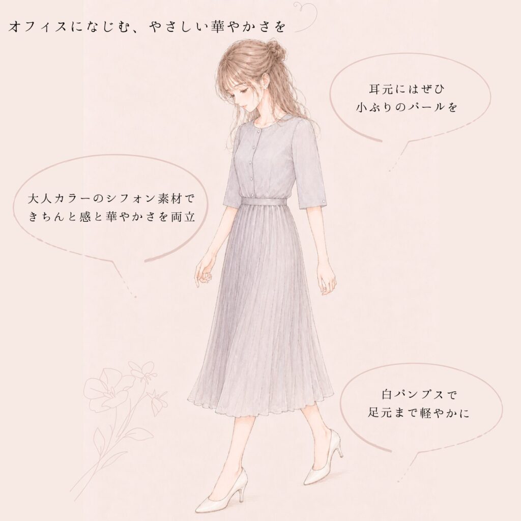 ライトグレーのシフォンワンピースのオフィスコーデ