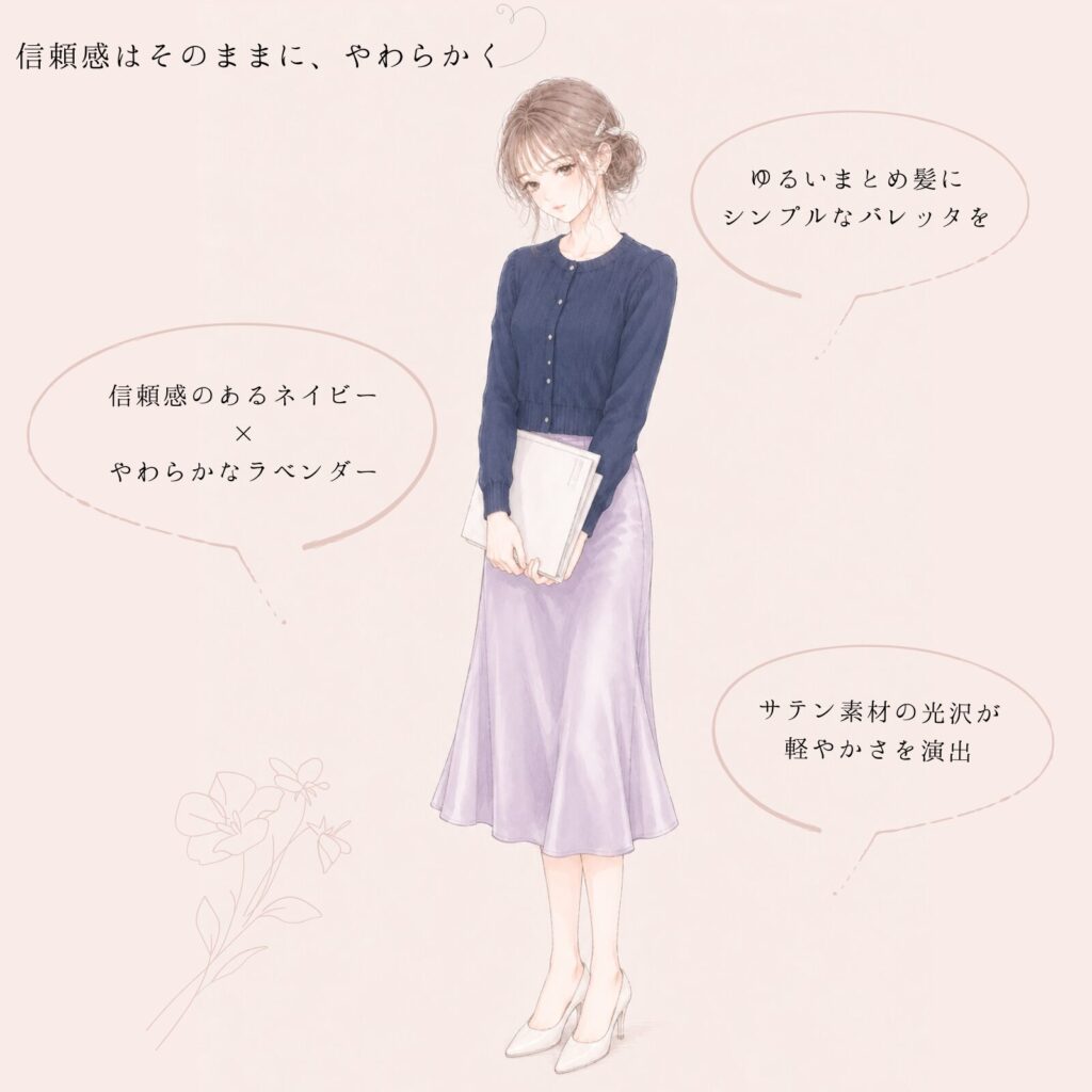 ネイビーカーディガンとラベンダーサテンスカートのオフィスコーデ