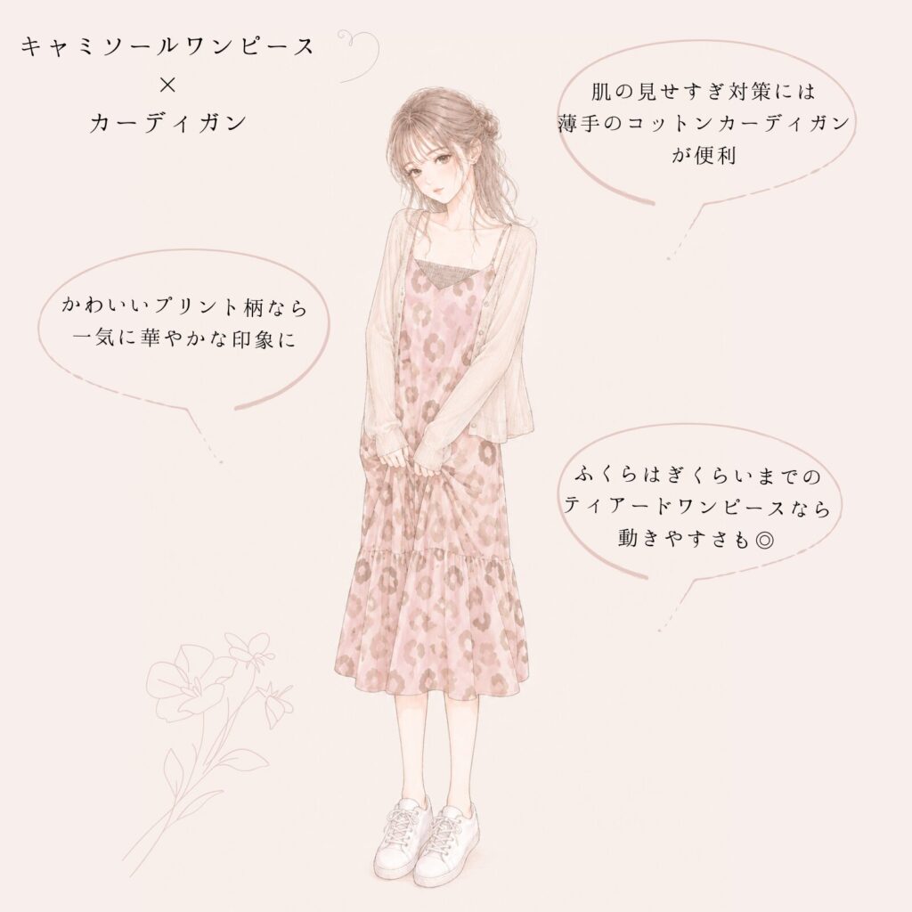 キャミソールワンピースとカーディガンの授乳コーデ