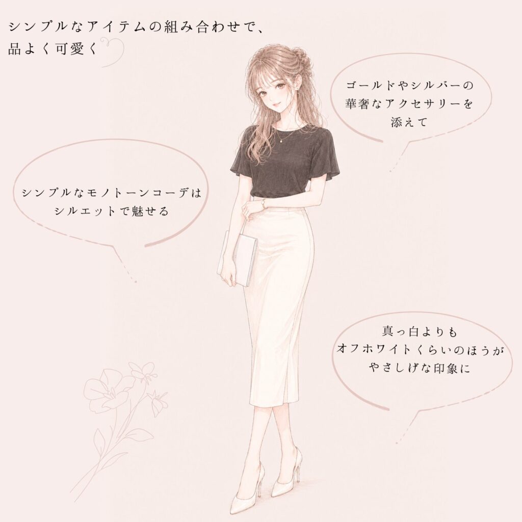 ブラック半袖トップスとホワイトナロースカートのオフィスコーデ