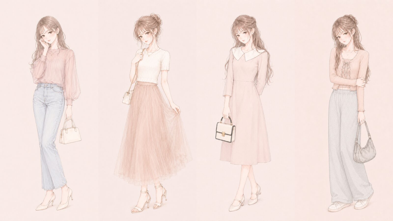 30代女性向けピンクベージュコーデ4選のイラスト