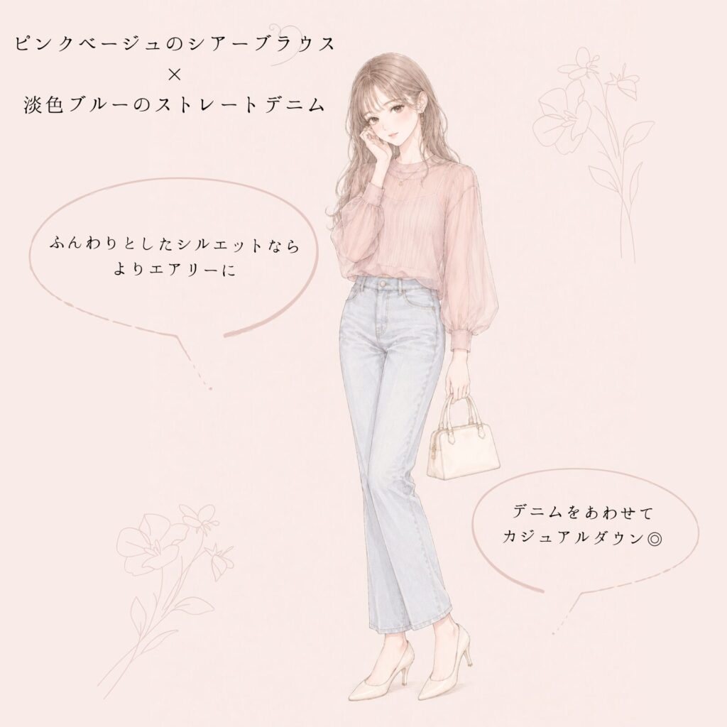 ピンクベージュのシアーブラウスと淡色デニムのコーデ