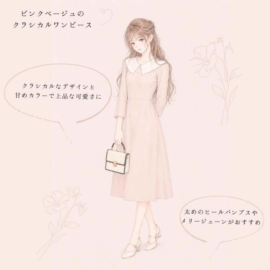 ピンクベージュのクラシカルワンピースのコーデ