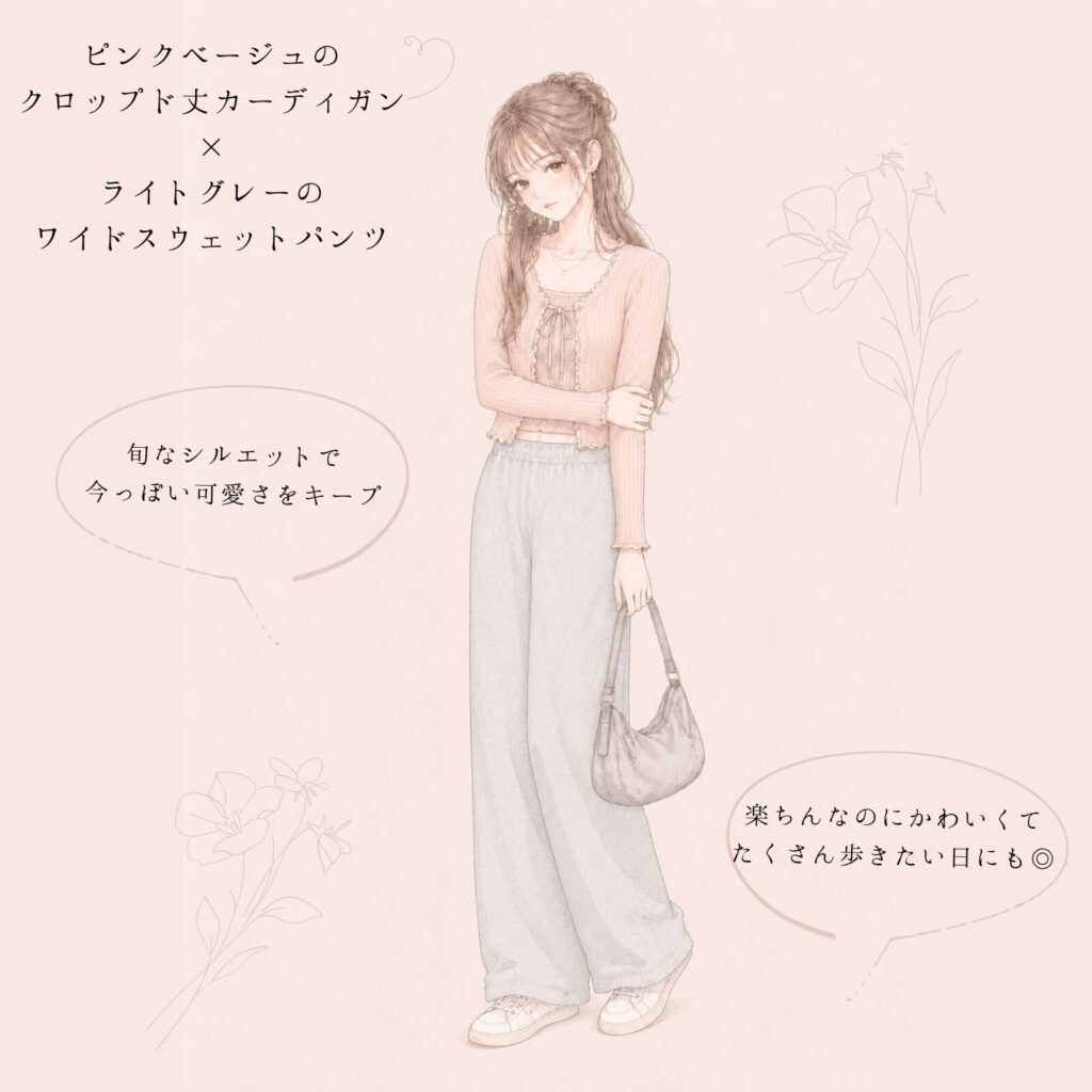 ピンクベージュのクロップド丈カーディガンとライトグレーのスウェットパンツのコーデ