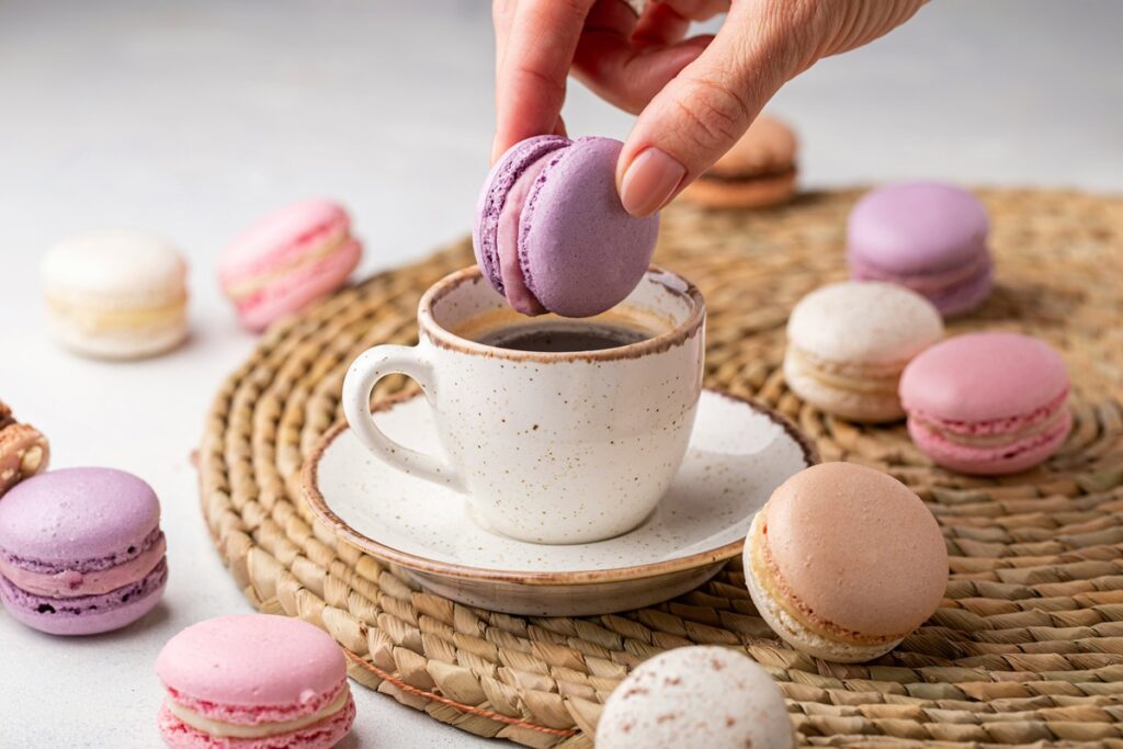 マカロンをコーヒーにつける指