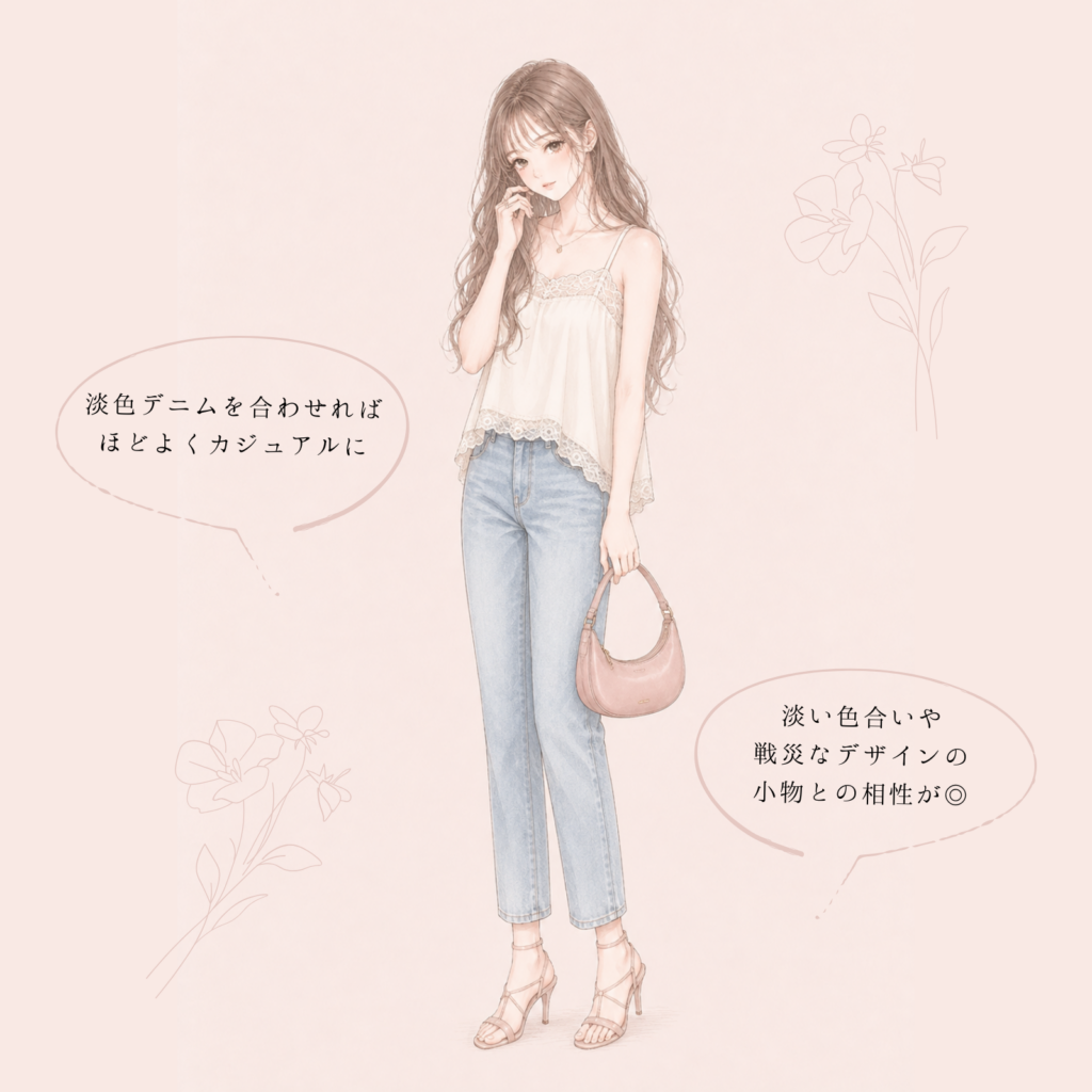  レースキャミと淡色デニムのランジェリーライクコーデ 