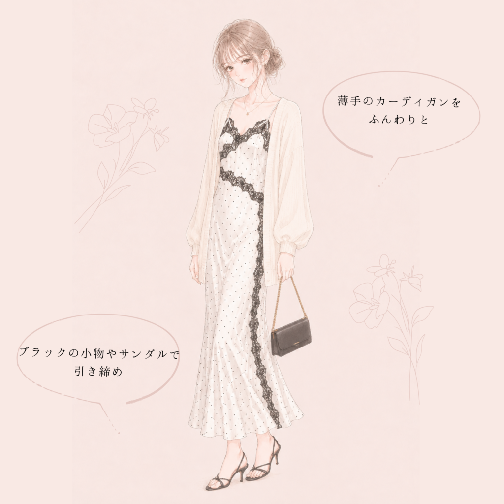 サテンキャミワンピとカーディガンのランジェリーライクコーデ