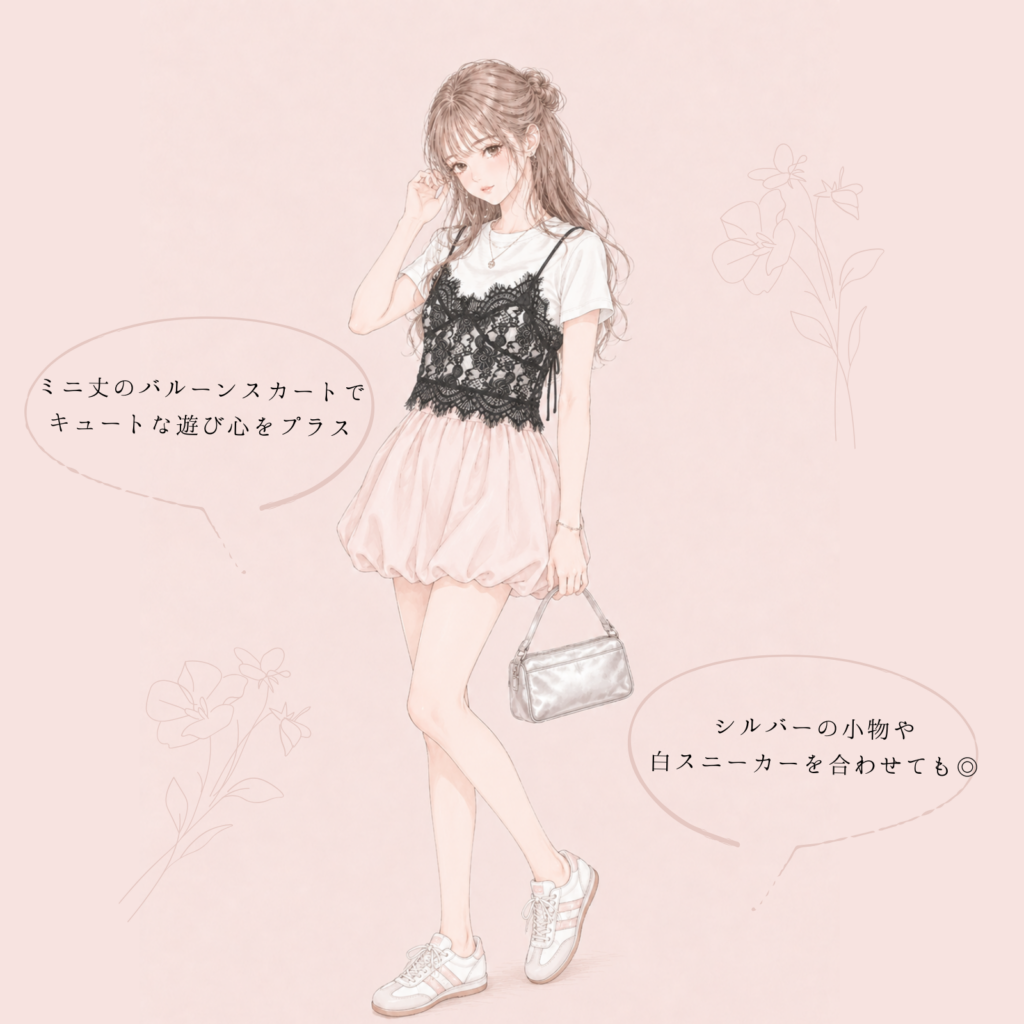 レースビスチェと白Tとミニスカートのランジェリーライクコーデイラスト