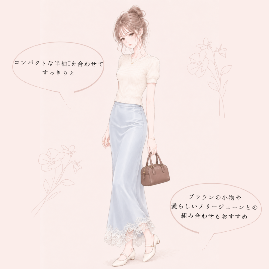 半袖ニットと裾レースサテンスカートのランジェリーライクコーデのイラスト 