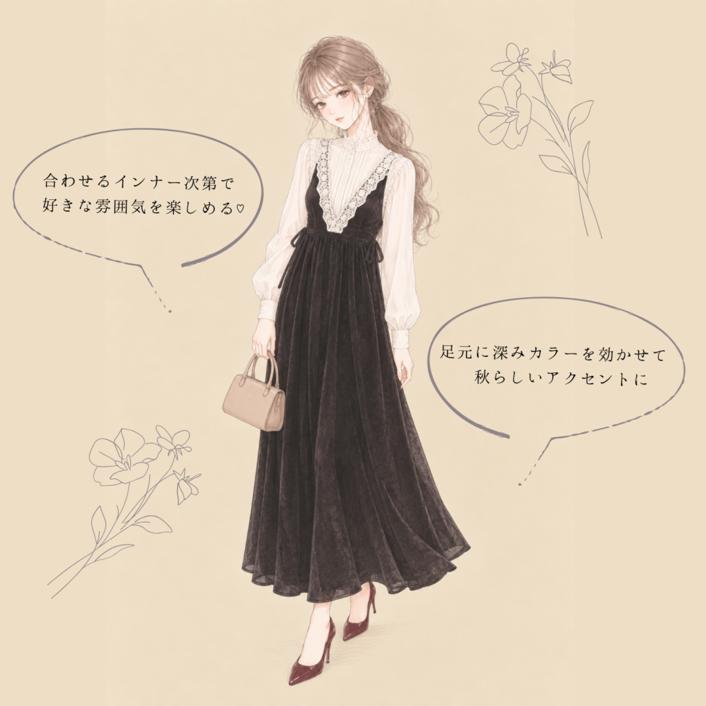 長袖トップスとレースジャンパースカートのコーデイラスト