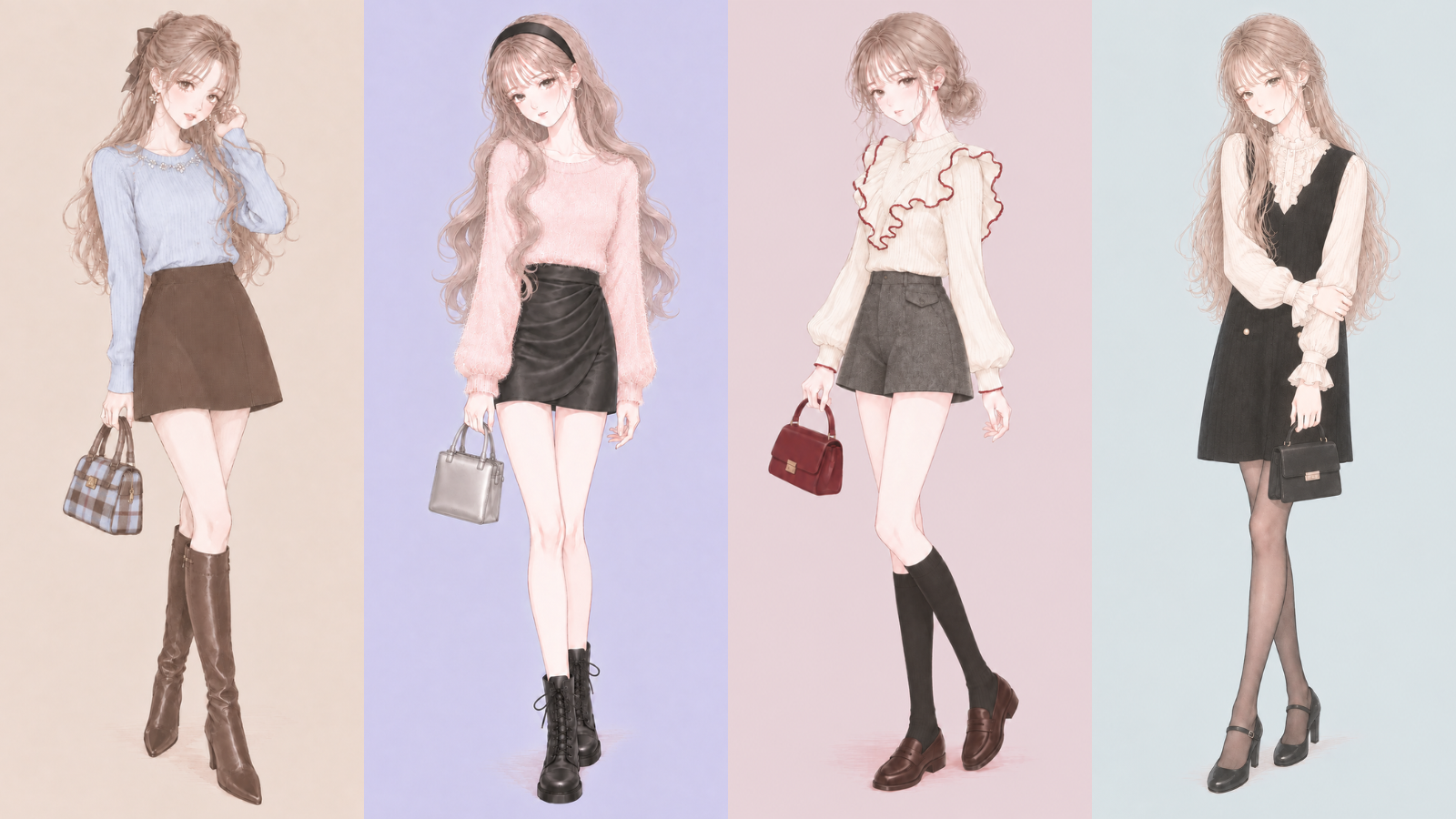 秋のミニ丈コーデ4選のイラスト