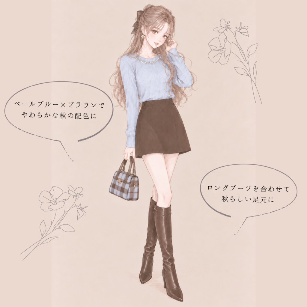 ペールブルーのニット×ブラウン台形ミニスカートのコーデイラスト