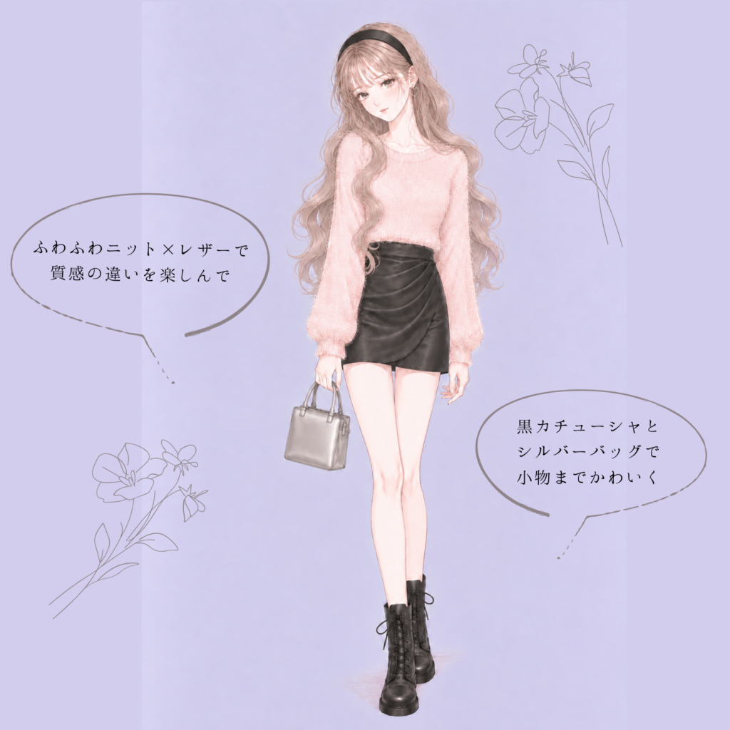 パウダーピンクのフェザーニット×黒レザーミニスカートのコーデイラスト