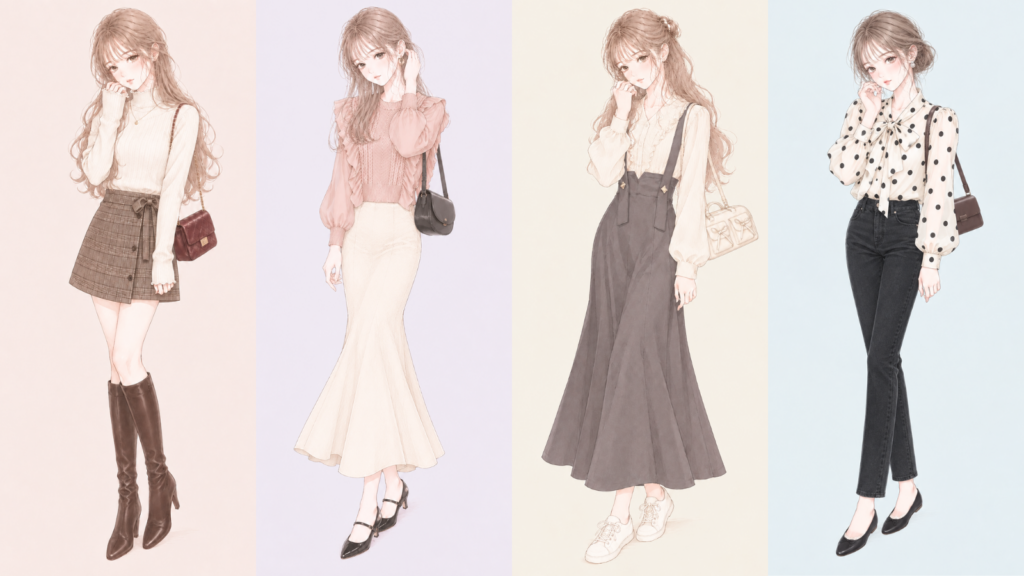 韓国ガーリーコーデ4選のイラスト