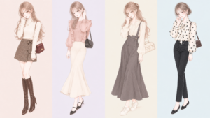 韓国ガーリーコーデ4選のイラスト