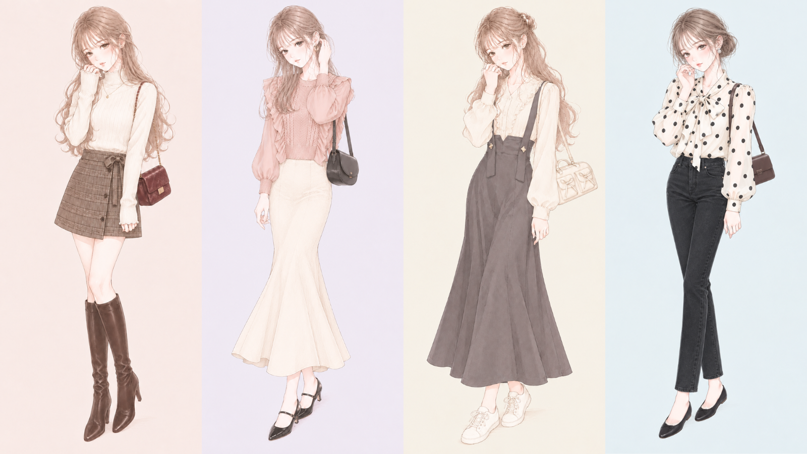 韓国ガーリーコーデ4選のイラスト