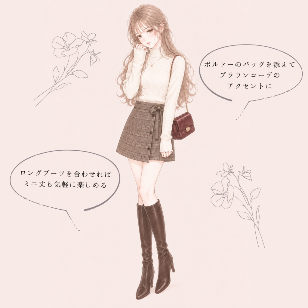 メローフリルニット×チェック柄ミニスカートの韓国ガーリーコーデイラスト