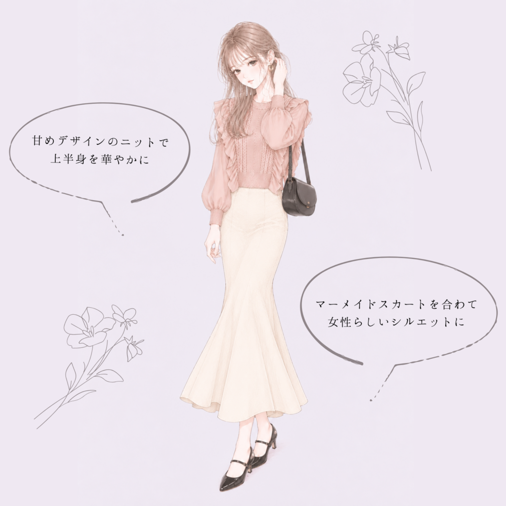 フリルニット×マーメイドスカートの韓国ガーリーコーデイラスト