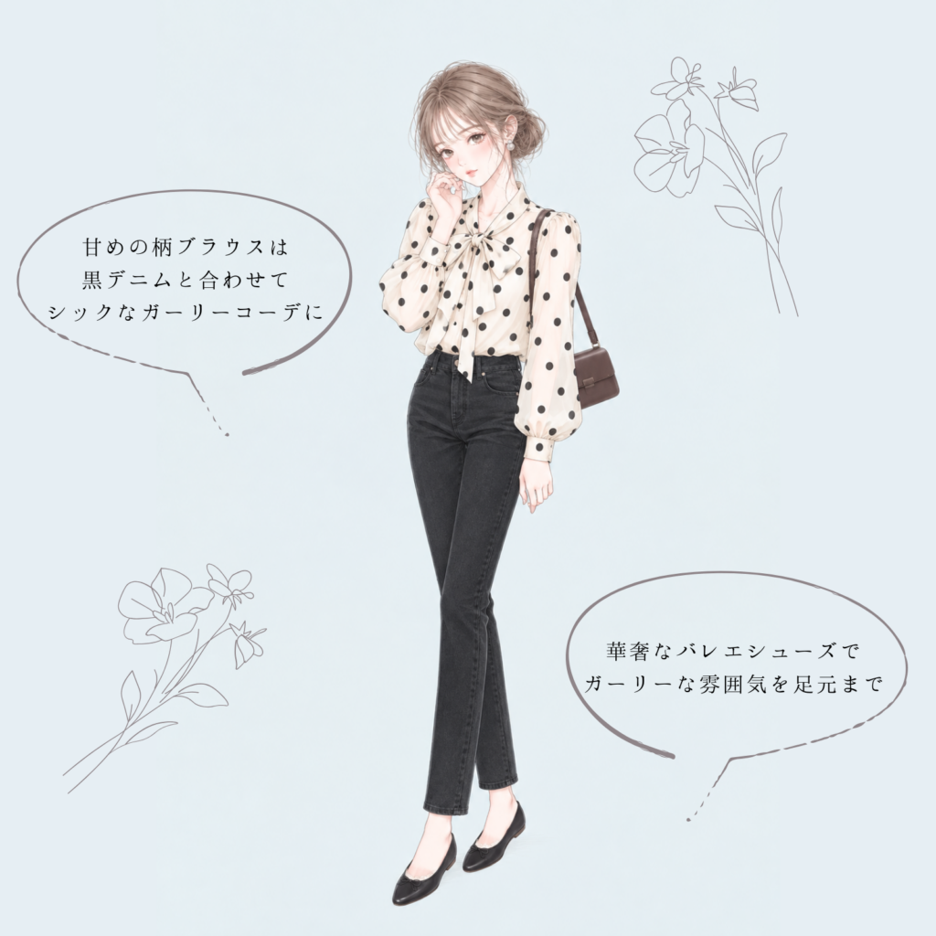 ドット柄ボウタイブラウス×黒デニムの韓国ガーリーコーデイラスト