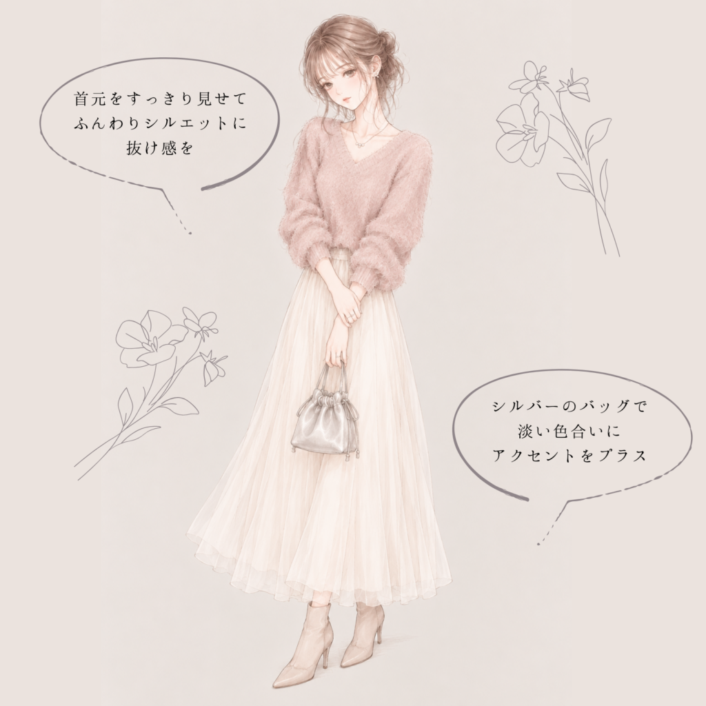 シャギーニット×ホワイト系チュールスカートのコーデイラスト