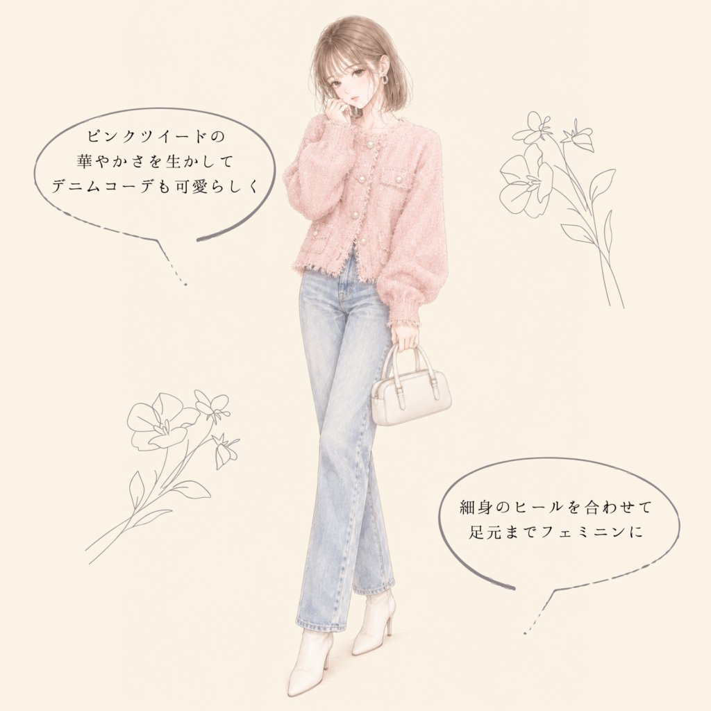 ツイードニットカーディガン×淡色デニムのコーデイラスト