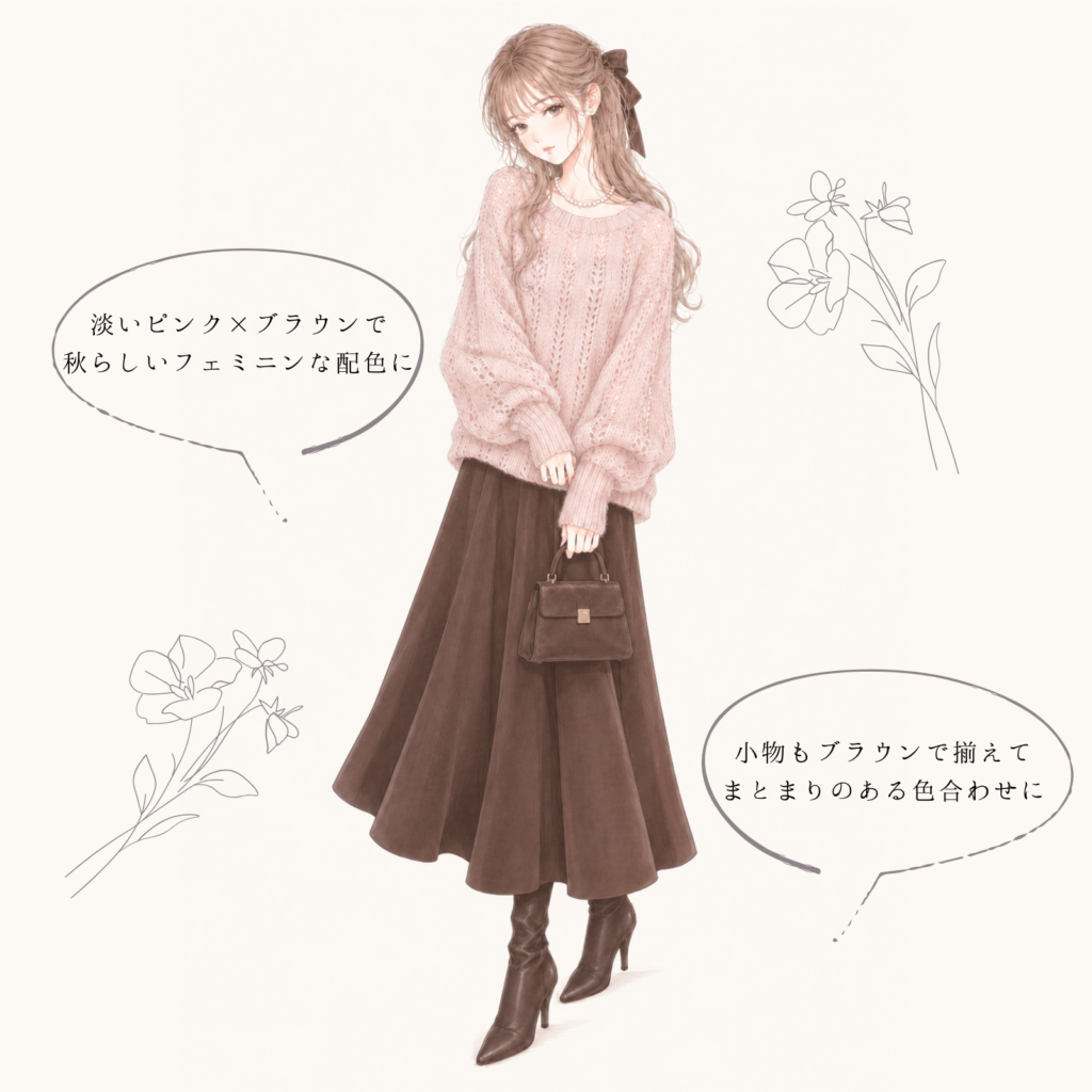 透かし編みニット×ブラウンフレアスカートのコーデイラスト