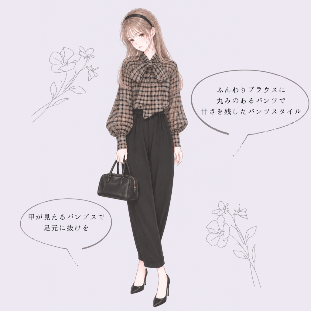 チェック柄ボウタイブラウス × コクーンパンツのコーデイラスト