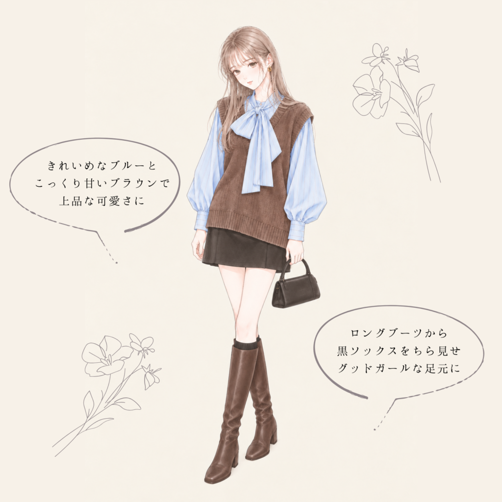 ブルーボウタイブラウス × ブラウンニットベストのコーデイラスト