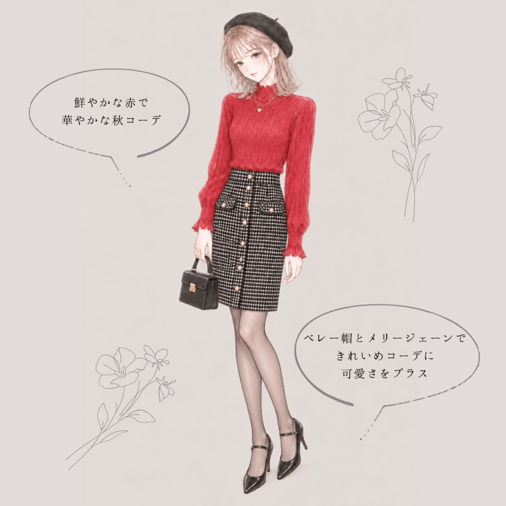 チェリーレッドレースニット×千鳥格子柄Iラインスカートのコーデイラスト