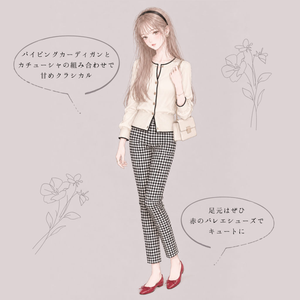 パイピングカーディガン×ギンガムチェックパンツのコーデイラスト
