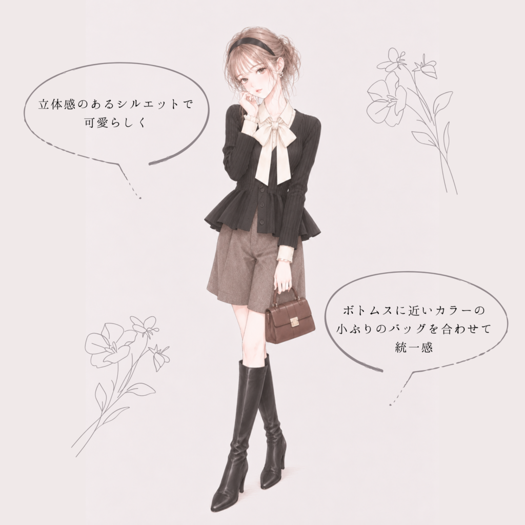 黒ペプラムニット×ブラウンハーフパンツのコーデイラスト