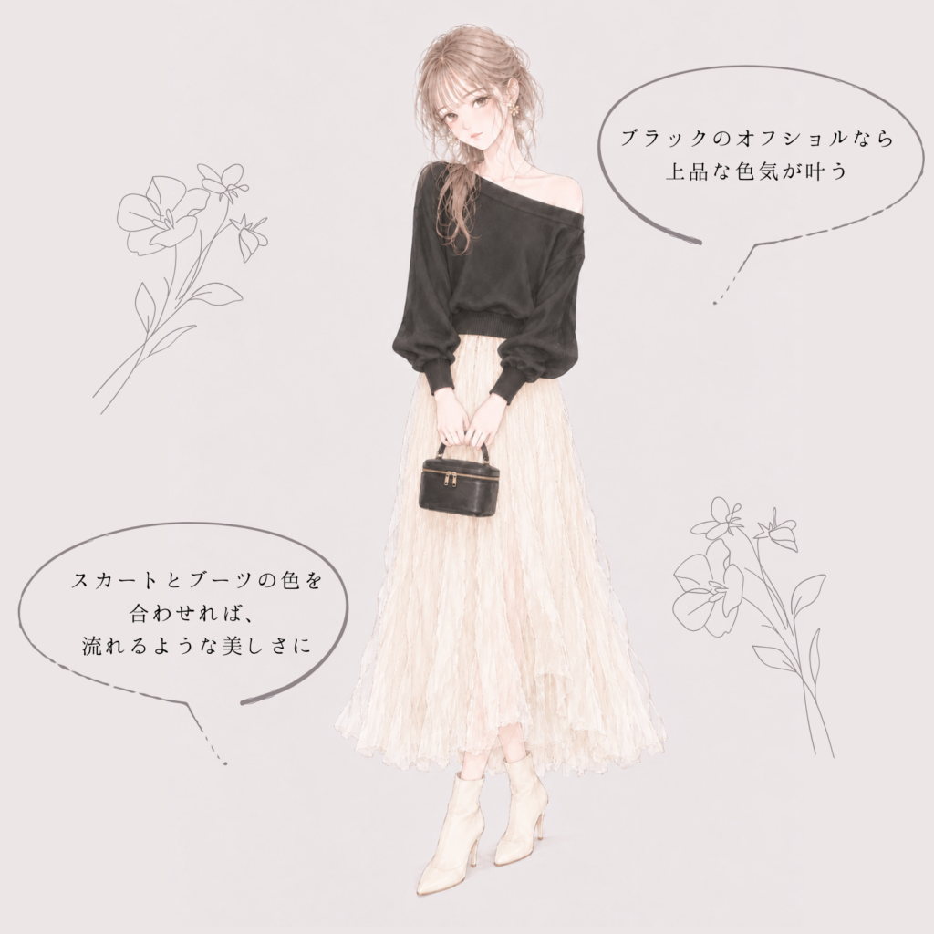 黒オフショルニット×アイボリーチュールスカートのコーデイラスト