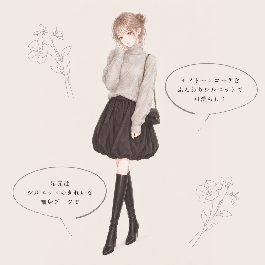 グレーハイネックニット×黒バルーンスカートのコーデイラスト