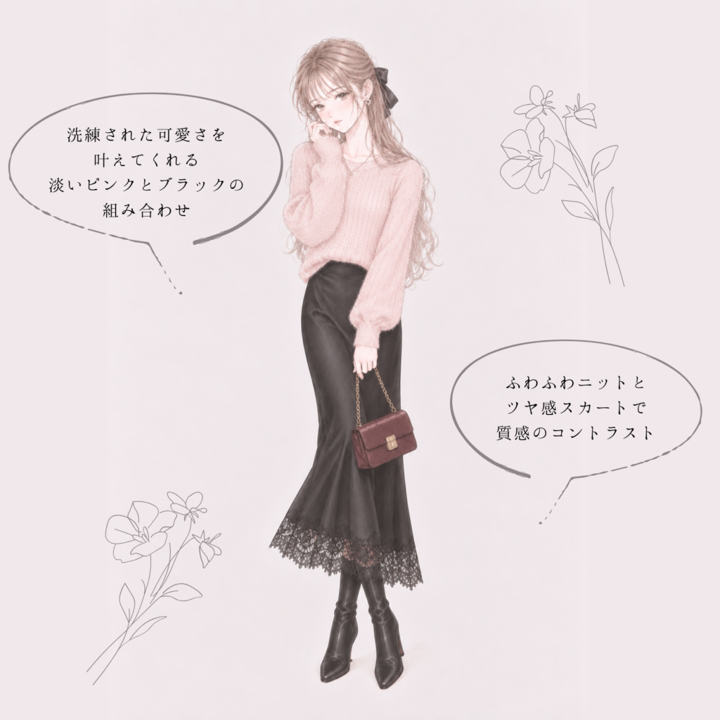 ピンクシャギーニット×黒サテンナロースカートのコーデイラスト